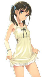 Rule 34 | 1girl, :o, bare arms, bare shoulders, black hair, blue bow, blue eyes, blush, bow, breasts, commentary request, dress, frilled dress, frills, hair bow, head tilt, koutaro, long hair, original, parted lips, simple background, skirt hold, sleeveless, sleeveless dress, small breasts, solo, tan, tanline, white background, white dress