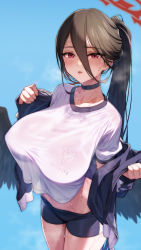Rule 34 | 1girl, absurdres, black choker, black hair, blue archive, blue background, blush, breasts, choker, commentary request, gym uniform, hair between eyes, halo, hasumi (blue archive), hasumi (track) (blue archive), heavy breathing, highres, jacket, large breasts, long hair, looking at viewer, midriff, mole, mole under eye, official alternate costume, ogre (illustogre), ponytail, red eyes, shirt, shorts, simple background, solo, sweat, track jacket, white shirt