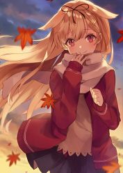 Rule 34 | 10s, 1girl, autumn leaves, black skirt, blonde hair, blush, cardigan, dusk, hair flaps, hair ornament, hair tie, hairclip, jacket, jpeg artifacts, kantai collection, long hair, long sleeves, looking at viewer, open clothes, open jacket, outdoors, pleated skirt, red eyes, red jacket, scarf, shugao, skirt, sleeves past wrists, smile, solo, yuudachi (kancolle), yuudachi kai ni (kancolle)