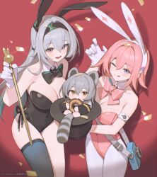 Rule 34 | 3girls, ;q, absurdres, alternate costume, animal ears, arm strap, bare shoulders, bilibili xiaolu, black bow, black bowtie, black hairband, black leotard, black thighhighs, blue eyes, blush, bow, bowtie, breasts, chibi, chinese commentary, cleavage, collar, commentary request, confetti, covered navel, cowboy shot, detached collar, drop shadow, fake animal ears, firefly (honkai: star rail), food in mouth, gloves, gradient hair, green hair, green thighhighs, grey hair, hair between eyes, hair intakes, hairband, highleg, highleg leotard, highres, holding, holding stick, honkai: star rail, honkai (series), kemonomimi mode, large breasts, leotard, long hair, looking at viewer, march 7th (honkai: star rail), medium hair, multicolored hair, multiple girls, one eye closed, open mouth, orange eyes, pantyhose, pink bow, pink bowtie, pink eyes, pink hair, pink leotard, playboy bunny, rabbit ears, raccoon ears, raccoon girl, raccoon tail, red background, side-tie leotard, simple background, single thighhigh, smile, spotlight, standing, stelle (honkai: star rail), stick, strapless, strapless leotard, tail, thighhighs, tongue, tongue out, trailblazer (honkai: star rail), two-tone eyes, white collar, white gloves, white hair, white pantyhose, yellow eyes