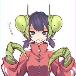 Rule 34 | 1girl, animal helmet, antennae, arthropod girl, bad id, bad pixiv id, blue eyes, blunt bangs, breasts, character request, check copyright, chromatic aberration, clenched teeth, commentary request, copyright request, hands up, high collar, jacket, kamatpit, looking at viewer, mantis girl, mechanical arms, medium breasts, open mouth, original, praying mantis, purple hair, red jacket, scowl, short twintails, simple background, single mechanical arm, solo, striped clothes, striped jacket, teeth, track jacket, translation request, twintails, upper body, white background, zipper, zipper pull tab