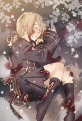 Rule 34 | 1girl, absurdres, black dress, blonde hair, blood, blood on face, buttons, closed eyes, dress, foliage, hair ornament, hairclip, highres, injury, kneehighs, lily alicia cornelius, lying, novel illustration, official art, on side, ponytail, ribbon, ruco, second-party source, snow, snowing, socks, solo, tears, the 4 sigils - the malice of winter, torn clothes