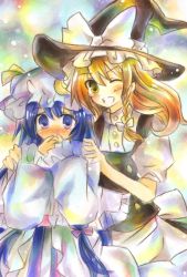 Rule 34 | 2girls, apron, bad id, bad pixiv id, blonde hair, blush, covering face, covering own mouth, covering privates, embarrassed, female focus, hat, hat ribbon, kirisame marisa, long hair, marker (medium), multiple girls, namakuby, no nose, one eye closed, open mouth, patchouli knowledge, purple eyes, purple hair, ribbon, short sleeves, touhou, traditional media, wide sleeves, wink, witch, witch hat, yellow eyes
