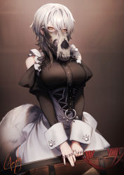 Rule 34 | 1girl, animal skull, apron, breasts, brown background, ear piercing, earrings, genyaky, grey hair, hair between eyes, highres, holding, jewelry, large breasts, long sleeves, looking at viewer, maid, maid apron, mask, mole, mole under eye, multiple rings, original, piercing, ring, short hair, signature, solo, standing, tail, white apron, yellow eyes