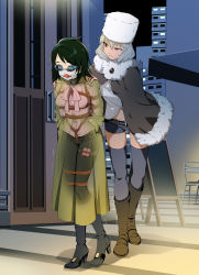 Rule 34 | 2girls, absurdres, ball gag, bdsm, black hair, black pantyhose, black thighhighs, blue eyes, blush, bondage, bound, coat, collar, commission, disguise, eudetenis, full body, fur trim, gag, glasses, grey hair, hat, hidden bondage, highres, kidnapped, kidnapping, mask, multiple girls, night, original, pantyhose, red eyes, restrained, second-party source, sex toy, shibari, shibari over clothes, shibari under clothes, short shorts, shorts, thighhighs, trench coat, vibrator, vibrator in thigh strap, x-ray