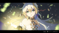 Rule 34 | 1girl, :&lt;, arknights, artist name, bare shoulders, bilibili, blonde hair, blue hair, branch, collarbone, earrings, eyeliner, floating, glowing, green eyes, grey hair, hair between eyes, hair ornament, hair stick, head tilt, highres, holding, holding sword, holding weapon, jacket, jewelry, letterboxed, lofter logo, looking at viewer, makeup, multicolored hair, necklace, off shoulder, open clothes, open jacket, outstretched arm, parted lips, red eyeliner, red pupils, shirt, shu (arknights), sidelocks, sky, solo, strapless, strapless shirt, streaked hair, sword, tassel, tassel earrings, upper body, v-shaped eyebrows, weapon, white jacket, white shirt, yiensnow