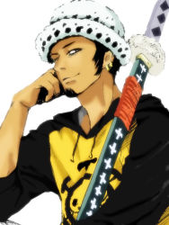 Rule 34 | 1boy, earrings, facial hair, hand rest, hat, hood, hoodie, jewelry, jolly roger, looking at viewer, male focus, one piece, ootachi, pirate, raglan sleeves, scabbard, sheath, sheathed, sitting, smiley face, solo, string, string of fate, sword, tattoo, trafalgar law, weapon