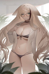 Rule 34 | 1girl, absurdres, animal ears, aqua eyes, arm at side, bad id, bad pixiv id, bikini, bikini under clothes, black-framed eyewear, black bikini, black choker, blonde hair, blush, braid, breasts, choker, cleavage, collared shirt, commission, cowboy shot, cross-laced bikini, cross-laced clothes, floppy ears, fox ears, front-tie top, glasses, hand up, highres, large breasts, long sleeves, looking at viewer, multi-strapped bikini, multicolored hair, navel, open clothes, open shirt, original, parted lips, plant, round eyewear, see-through, see-through shirt, shibuya (kurokamishain), shirt, skindentation, standing, stomach, strap gap, streaked hair, string bikini, swimsuit, thighs, two-tone hair, white shirt
