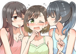 Rule 34 | 3girls, ;p, betock, black hair, blush, breasts, brown hair, cleavage, commentary request, ear licking, closed eyes, green eyes, heart, highres, licking, long hair, medium breasts, multiple girls, one eye closed, orange eyes, original, ponytail, short hair, simple background, sweatdrop, tongue, tongue out, upper body, wavy mouth, white background, yuri