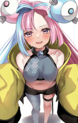 Rule 34 | 1girl, bare shoulders, black shorts, blue hair, blush, bow-shaped hair, breasts, character hair ornament, creatures (company), game freak, hair ornament, harimoji, highres, iono (pokemon), jacket, light blue hair, long hair, long sleeves, looking at viewer, low twintails, medium breasts, multicolored hair, navel, nintendo, open mouth, pink hair, pokemon, pokemon sv, purple eyes, sharp teeth, shorts, sleeves past fingers, sleeves past wrists, smile, solo, split-color hair, sweat, teeth, twintails, yellow jacket