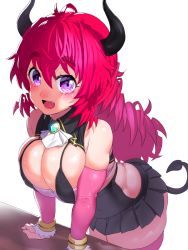 Rule 34 | 1girl, antenna hair, bare shoulders, black horns, blush, bracelet, breasts, cleavage, covered erect nipples, covered navel, demon horns, demon tail, fingernails, fur trim, gem, hair between eyes, highres, horns, jewelry, large breasts, long hair, looking at viewer, onsoku inu, open mouth, original, pink hair, pink legwear, pink lips, purple eyes, shiny skin, simple background, skindentation, smile, solo, table, tail, teeth, tight clothes, tongue, upper teeth only, white background