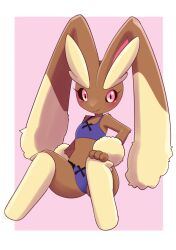 Rule 34 | 1girl, arm at side, bare shoulders, black sclera, blush, body fur, border, bow, bow bra, bow panties, bra, brown fur, closed mouth, colored sclera, creatures (company), female focus, flat chest, full body, furry, furry female, game freak, gen 4 pokemon, hand on own knee, happy, knees up, lingerie, long ears, looking at viewer, lopunny, nintendo, outside border, panties, pink background, pokemon, pokemon (creature), purple bra, purple panties, rabbit ears, rabbit girl, red eyes, simple background, sitting, smile, solo, split mouth, two-tone fur, underwear, underwear only, uno usaya, white border, yellow fur