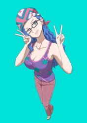 Rule 34 | 1girl, ;), absurdres, blue background, blue hair, closed mouth, commentary, double v, egg tart art, english commentary, from above, glasses, green eyes, head scarf, highres, long hair, one eye closed, one piece, pants, paula (one piece), pink lips, purple pants, sandals, simple background, single sidelock, smile, solo, tank top, v