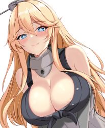 1girl blonde_hair blue_eyes blush breasts cleavage crop_top elbow_gloves gloves hair_between_eyes headgear highres iowa_(kancolle) kantai_collection large_breasts long_hair looking_at_viewer montemasa simple_background smile solo star-shaped_pupils star_(symbol) symbol-shaped_pupils upper_body white_background