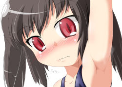 Rule 34 | 1girl, arm up, armpits, bad id, bad pixiv id, bare shoulders, black hair, blush, close-up, collarbone, embarrassed, female focus, kooh, kotatsu (kotatsu3), looking at viewer, one-piece swimsuit, pangya, red eyes, school swimsuit, simple background, slit pupils, smell, solo, swimsuit, wavy mouth, white background