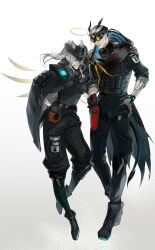 Rule 34 | 1boy, 1girl, arknights, belt, black coat, black footwear, black gloves, black hair, black pants, bottle, braid, closed eyes, closed mouth, coat, coat on shoulders, demon horns, demon tail, detached wings, full body, gloves, goggles, gradient background, grey hair, halo, hand on another&#039;s shoulder, hand on own hip, highres, holding, holding bottle, horns, infection monitor (arknights), kaifei (kaifei 29), knee pads, misery (arknights), outcast (arknights), pants, pants tucked in, ponytail, pouch, sleeves rolled up, smile, tail, thigh strap, white background, wings