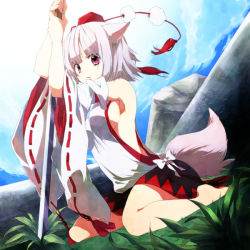 Rule 34 | 1girl, album cover, animal ears, armpits, bare shoulders, barefoot, breasts, cover, day, female focus, full body, hat, hirasaka ine, holding, holding sword, holding weapon, inubashiri momiji, katana, kneeling, looking at viewer, no bra, outdoors, pom pom (clothes), red eyes, short hair, sideboob, sitting, skirt, solo, sword, tail, tassel, tokin hat, touhou, wariza, weapon, white hair, wolf ears, wolf tail