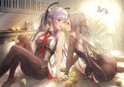 Rule 34 | 2girls, animal, animal ear fluff, animal ears, ass, azur lane, bare shoulders, bed sheet, black dress, braid, breasts, brown eyes, brown hair, brown legwear, brown sleeves, bug, butterfly, commentary request, detached sleeves, dress, ek masato, essex (azur lane), eye contact, food, food in mouth, fruit, glasses, hair ornament, hand on own leg, highres, holding hands, insect, lemon, lemon slice, long hair, long sleeves, looking at another, medium breasts, mouth hold, multiple girls, no shoes, pantyhose, parted lips, pillow, pince-nez, ponytail, purple hair, rabbit ears, shangri-la (azur lane), shared food, sleeveless, sleeveless dress, sleeves past wrists, snowflake hair ornament, soles, teeth, upper teeth only, very long hair, yuri