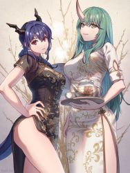 Rule 34 | 2girls, alternate costume, arknights, black dress, blue hair, breasts, ch&#039;en (arknights), china dress, chinese clothes, commentary request, cowboy shot, dragon horns, dragon tail, dress, green hair, hair between eyes, hand on own hip, highres, holding, holding tray, horns, hoshiguma (arknights), large breasts, long hair, looking at viewer, multiple girls, red eyes, short sleeves, standing, tail, tanagawa makoto, teapot, thighs, tray, very long hair, white dress