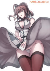 Rule 34 | 1girl, blue eyes, breast pocket, breasts, brown hair, brown thighhighs, center opening, crotch seam, dress, edwin (cyberdark impacts), gesugao, glaring, gluteal fold, hair between eyes, highres, kantai collection, large breasts, long hair, looking at viewer, open mouth, out of character, panties, patreon username, pocket, ponytail, saratoga (kancolle), shaded face, side-tie panties, side ponytail, sidelocks, simple background, smokestack, solo, thighhighs, thighs, underwear, white background, white dress, white panties, wind, wind lift
