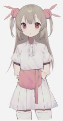 Rule 34 | 1girl, blouse, cropped legs, female focus, grey hair, hair ornament, high-waist skirt, highres, nan0ng, natori sana, red eyes, sana channel, shirt, short sleeves, simple background, skirt, solo, tareme, thighhighs, thighs, two side up, virtual youtuber, white background, white shirt, white skirt, zettai ryouiki
