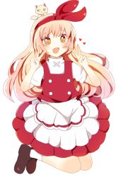 Rule 34 | 1girl, absurdres, apron, artist request, blonde hair, blush, bow, buttons, cat, double v, ellen (touhou), full body, hair bow, heart, highres, long hair, open mouth, red bow, red skirt, red vest, shirt, short sleeves, simple background, skirt, sokrates (touhou), touhou, v, very long hair, vest, white apron, white background, white shirt, yellow eyes