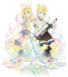 Rule 34 | 1boy, 1girl, belt, blonde hair, blue eyes, bow, brother and sister, detached sleeves, feet, full body, hair bow, hair ornament, hairclip, headphones, headset, highres, instrument, kagamine len, kagamine rin, kei (keigarou), keytar, leg warmers, looking at viewer, microphone stand, navel, necktie, official art, outstretched hand, rainbow gradient, ribbon, sailor collar, see-through, shorts, siblings, simple background, star (symbol), toes, twins, vocaloid, yellow neckwear