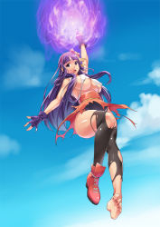Rule 34 | 1girl, asamiya athena, boots, breasts, covered erect nipples, cross-laced footwear, day, from below, full body, gold trim, hair ribbon, lace-up boots, large breasts, long hair, looking at viewer, open mouth, outdoors, psycho soldier, purple eyes, purple hair, ribbon, school uniform, serafuku, snk, solo, the king of fighters, the king of fighters xiv, thighhighs, torn clothes, underboob