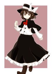 Rule 34 | 1girl, azumaya toushirou, black capelet, black hat, black skirt, boots, bow, brown background, brown eyes, brown footwear, brown hair, buttons, capelet, clenched hands, closed mouth, commentary request, frilled skirt, frills, hat, hat bow, highres, long skirt, long sleeves, looking at viewer, petticoat, red neckwear, shirt, short hair, skirt, smile, solo, square, touhou, two-tone background, usami renko, walking, white background, white bow, white shirt