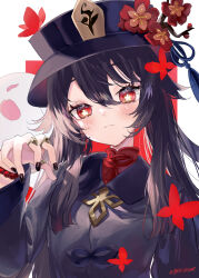 Rule 34 | 1girl, :3, bead bracelet, beads, black hat, black nails, blush, boo tao (genshin impact), bracelet, brown coat, brown hair, bug, butterfly, chinese clothes, claw pose, closed mouth, coat, flower, flower-shaped pupils, gen arare, genshin impact, ghost, hair between eyes, hair flaps, hand up, hat, hat flower, hat tassel, highres, hu tao (genshin impact), insect, jewelry, long hair, long sleeves, looking at viewer, multiple rings, nail polish, plum blossoms, porkpie hat, red background, red butterfly, red eyes, red flower, ring, sidelocks, simple background, solo, symbol-shaped pupils, turtleneck, twitter username, two-tone background, upper body, white background