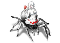 Rule 34 | 1girl, :q, arachne, arthropod girl, blush, breasts, bug, hand on own chest, huge breasts, insect girl, kumo desu ga nani ka?, kumoko (kumo desu ga nani ka?), long hair, looking at viewer, monster girl, navel, red eyes, smile, solo, spider, spider girl, spoilers, taur, tongue, tongue out, treeking, white background, white hair