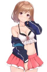 Rule 34 | 1girl, a9b (louis814), absurdres, alice gear aegis, blue jacket, blush, braid, breasts, brown hair, camisole, cleavage, closed mouth, commentary request, cowboy shot, crop top, frilled shirt, frills, hand in own hair, head tilt, highres, jacket, looking at viewer, medium breasts, microskirt, midriff, navel, off shoulder, open clothes, open jacket, pink skirt, pleated skirt, purple eyes, shirt, short hair, simple background, skirt, smile, solo, standing, sutegoro shiina, swept bangs, white background, white shirt