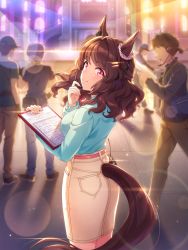 Rule 34 | 1girl, 4boys, animal ears, breasts, brown hair, casual, hair ornament, hairclip, highres, horse ears, horse tail, large breasts, lens flare, light hello (umamusume), long hair, looking at viewer, multiple boys, official art, purple eyes, smile, solo focus, sparkle, tail, umamusume