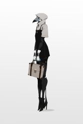 Rule 34 | 1girl, android, ankh necklace, bag, catlesstail, dress, full body, gradient background, handbag, high collar, high heels, highres, hood, hood up, joints, no humans, original, plague doctor mask, robot joints, science fiction, short dress, solo