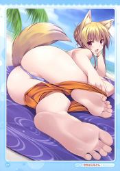 Rule 34 | 1girl, :d, absurdres, animal ears, artbook, ass, barefoot, beach, blonde hair, blue sky, blush, bracelet, braid, character request, cleft of venus, cloud, day, fang, feet, foot focus, fox ears, fox tail, french braid, hair between eyes, hair bun, hand on own face, head rest, highres, jewelry, looking at viewer, looking back, lying, ocean, on side, open mouth, original, outdoors, page number, palm tree, partially visible anus, partially visible vulva, purple eyes, ruton-niki, scan, sidelocks, single hair bun, sky, smile, soles, solo, swimsuit, tail, toes, topless, tree, undressing