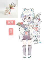 Rule 34 | 1girl, :o, animal ear headwear, animal ears, arin (fanfan013), backpack, bag, bandaid, bandaid on face, bandaid on nose, bear, bear ears, bear hat, black shorts, blue bow, blue hat, blue neckerchief, bouquet, bow, brown sailor collar, chinese commentary, collared shirt, commentary request, eyelashes, eyeshadow, fake animal ears, flower, fringe trim, full body, fur-trimmed sleeves, fur trim, grey socks, hair between eyes, hat, highres, holding, holding bouquet, jacket, kneehighs, knees, light blush, long sleeves, looking at viewer, makeup, mary janes, neckerchief, open clothes, open jacket, original, parted lips, personification, pink bow, plaid bag, plaid headwear, plant, potted plant, puffy long sleeves, puffy sleeves, red eyeshadow, red flower, red rose, reference inset, rose, sailor collar, sailor shirt, scarf, shirt, shoes, short hair, shorts, simple background, sleeve bow, sleeves past wrists, socks, solo, sweater jacket, twitter username, two-tone hat, white background, white bag, white eyes, white flower, white footwear, white hair, white hat, white jacket, white scarf, white shirt, white sleeves