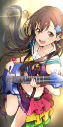 Rule 34 | 1girl, :d, bad id, bad pixiv id, bang dream!, brown hair, cable, crop top, earrings, electric guitar, green eyes, guitar, hair ornament, hanazono tae, highres, holding, holding instrument, instrument, jewelry, keita (kta0), long hair, looking at viewer, midriff, music, navel, open mouth, playing instrument, plectrum, pom pom (clothes), pom pom earrings, purple footwear, sailor collar, shoes, skirt, smile, sneakers, solo, star (symbol), star hair ornament, suspender skirt, suspenders, wristband