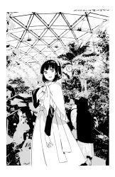 Rule 34 | 1girl, :d, adjusting clothes, apron, arm at side, backlighting, blunt bangs, bob cut, border, capelet, copyright name, countdown, dot nose, dress, feet out of frame, frilled capelet, frilled hairband, frills, from side, greenhouse, greyscale, hairband, hand up, hatching (texture), highres, hood, hood down, hooded capelet, indoors, linear hatching, long dress, long sleeves, looking at viewer, looking back, looking to the side, maeya susumu, maid, maid-san wa taberu dake, maid apron, maid headdress, monochrome, no pupils, open mouth, outside border, photo background, plant, shade, short hair, signature, smile, solo, spoken number, suzume (maid-san wa taberu dake), tareme, white border