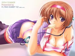 Rule 34 | 00s, 1girl, 2004, ass, black thighhighs, bra, breasts, brown hair, cleavage, digital media player, embarrassed, food, gradient background, hairband, hand on own ear, headphones, highres, lace, lace-trimmed panties, lace trim, large breasts, lingerie, lying, moeto usana, mouth hold, off shoulder, on stomach, open clothes, open shirt, open skirt, panties, pleated skirt, popsicle, purple bra, purple eyes, purple panties, school uniform, serafuku, sexually suggestive, shirt, short hair, skirt, solo, striped bra, striped clothes, striped panties, thighhighs, thong, underwear, us@myo, zettai ryouiki