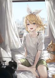 Rule 34 | 1girl, absurdres, alarm clock, blonde hair, blue eyes, blue sky, blush, bow, bow hairband, casual, cellphone, cityscape, clear sky, clock, collarbone, curtains, day, dog, ekina (1217), green shorts, hairband, highres, indoors, kagamine rin, looking at viewer, on bed, open mouth, phone, pillow, shirt, short hair, shorts, sidelocks, sitting, sky, smartphone, smile, solo, swept bangs, teeth, upper teeth only, vocaloid, white bow, white hairband, white shirt, window