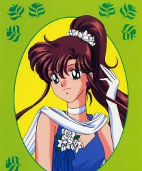 Rule 34 | 1990s (style), bishoujo senshi sailor moon, brown hair, dress, flower, gloves, green eyes, kino makoto, official art, ponytail, sad, sailor jupiter