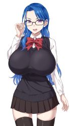 Rule 34 | 1girl, absurdres, adjusting eyewear, black skirt, black thighhighs, blue hair, bow, breasts, collared shirt, commentary, cowboy shot, forehead, frilled skirt, frills, glasses, hand up, highres, huge breasts, ijima yuu, impossible clothes, long hair, looking at viewer, open mouth, original, parted bangs, purple eyes, purple hair, red bow, school uniform, shadow, shirt, simple background, skirt, solo, taut clothes, taut shirt, thighhighs, v-shaped eyebrows, white background, white shirt, white sleeves