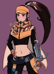 Rule 34 | 1girl, black pants, black shirt, black survival, bow (weapon), breasts, brown eyes, brown gloves, brown hair, crossbow, fingerless gloves, gloves, hand on own hip, high ponytail, highres, impossible clothes, impossible shirt, long bangs, long hair, medium breasts, midriff, nadine chandrawinata, navel, orange headwear, pants, rope, shiinazaq, shirt, solo, tagme, weapon