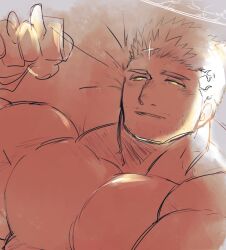 Rule 34 | 1boy, bara, black hair, blush, facial hair, fire, flaming halo, half-closed eyes, halo, holding hands, large pectorals, light, looking at viewer, lying, male focus, mature male, muscular, muscular male, nude, on back, on bed, orange theme, pectorals, po fu, short hair, sketch, smile, solo focus, spot color, stubble, sunlight, thick eyebrows, tokyo houkago summoners, upper body, zabaniyya (housamo)