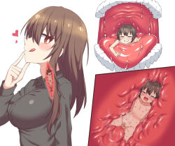 Rule 34 | 1boy, 1girl, breasts, brown hair, giant, giantess, heart, hetero, large breasts, original, shiheki, shirt, size difference, tagme, tongue, tongue out, vore