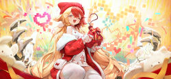Rule 34 | + +, 1girl, absurdres, agoto, alchemy stars, bag, beanie, blonde hair, blush, bomb, confetti, dress, explosive, gronru (alchemy stars), handbag, hat, heart, highres, holding, holding bomb, jacket, long hair, mechanical arms, mittens, multicolored hair, off-shoulder shirt, off shoulder, official alternate costume, official art, one eye closed, open clothes, open jacket, open mouth, pixelated, red hair, red jacket, ribbon, shirt, sitting, smile, solo, stuffed toy, thighhighs, two-tone hair, white dress, white thighhighs, yellow eyes, yellow ribbon