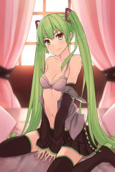 Rule 34 | 1girl, bad id, bad pixiv id, boots, bra, detached sleeves, green eyes, green hair, hatsune miku, highres, long hair, matching hair/eyes, md5 mismatch, open clothes, open shirt, piza rokumai, shirt, sitting, skirt, solo, strap slip, thigh boots, thighhighs, twintails, underwear, very long hair, vocaloid, wariza, window