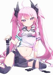 Rule 34 | 1girl, :t, ahoge, arm support, baseball uniform, belt, black skirt, black thighhighs, blush, bracelet, closed mouth, clothes pull, clothes writing, crossed bangs, feet out of frame, flat chest, grace (sound voltex), groin, hair between eyes, hair ornament, headgear, highres, holding, holding belt, horns, jewelry, long hair, looking at viewer, midriff, navel, no panties, open clothes, open skirt, pelvic curtain, pink hair, pout, purple eyes, shadow, shirt, short sleeves, sidelocks, simple background, sitting, skirt, skirt pull, solo, sound voltex, sportswear, spread legs, stomach, striped clothes, striped shirt, sweat, sweatdrop, symbol-shaped pupils, thighhighs, thighs, tied shirt, twintails, v-shaped eyebrows, very long hair, wagashi928, white background, white shirt, wristband, yokozuwari