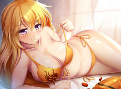 Rule 34 | 1girl, bare shoulders, bed sheet, bikini, blonde hair, blush, bow, breasts, cleavage, collarbone, curtains, eyebrows, guardian-panda, hair between eyes, highres, large breasts, long hair, looking at viewer, lying, midriff, navel, off shoulder, on side, pulled by self, purple eyes, rwby, smile, solo, stomach, strap pull, swimsuit, yang xiao long, yellow bikini, yellow bow