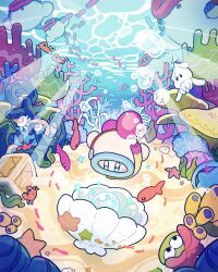 Rule 34 | anchor, blue-framed eyewear, blue eyes, blush stickers, bubble, clam, colored skin, commentary request, coral, dappled sunlight, fish, gem, harukui, highres, kirby, kirby (series), nintendo, no humans, pearl (gemstone), pink skin, red footwear, scenery, shoes, snorkel, squid, star (symbol), star block, sunlight, swimming, underwater